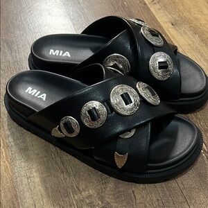 MIA Black Slide Sandals with Silver Accents
